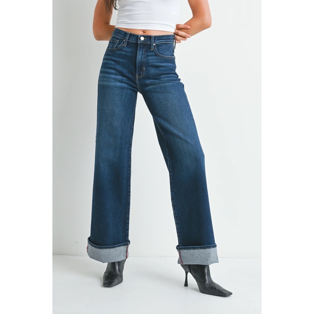 NWT Just Black Denim Cuffed Palazzo Jeans Dark Wash High Rise Wide Leg 25